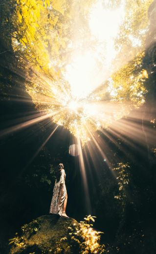 A woman stands on a rock in a sunlit tropical forest with sunbeams shining through the canopy in Bali, Indonesia.